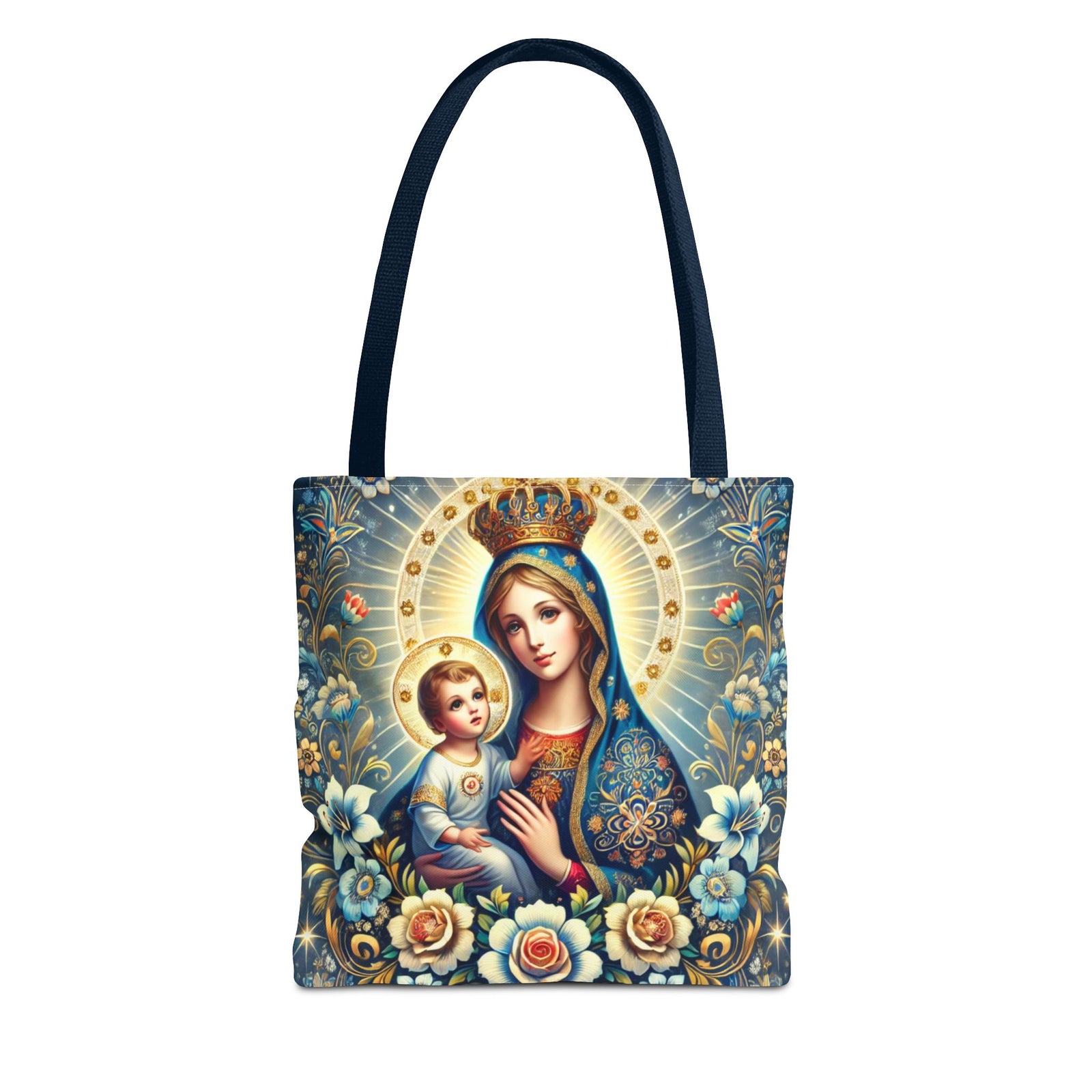 Virgin Mary Baby Jesus Floral Folk Art Tote Bag