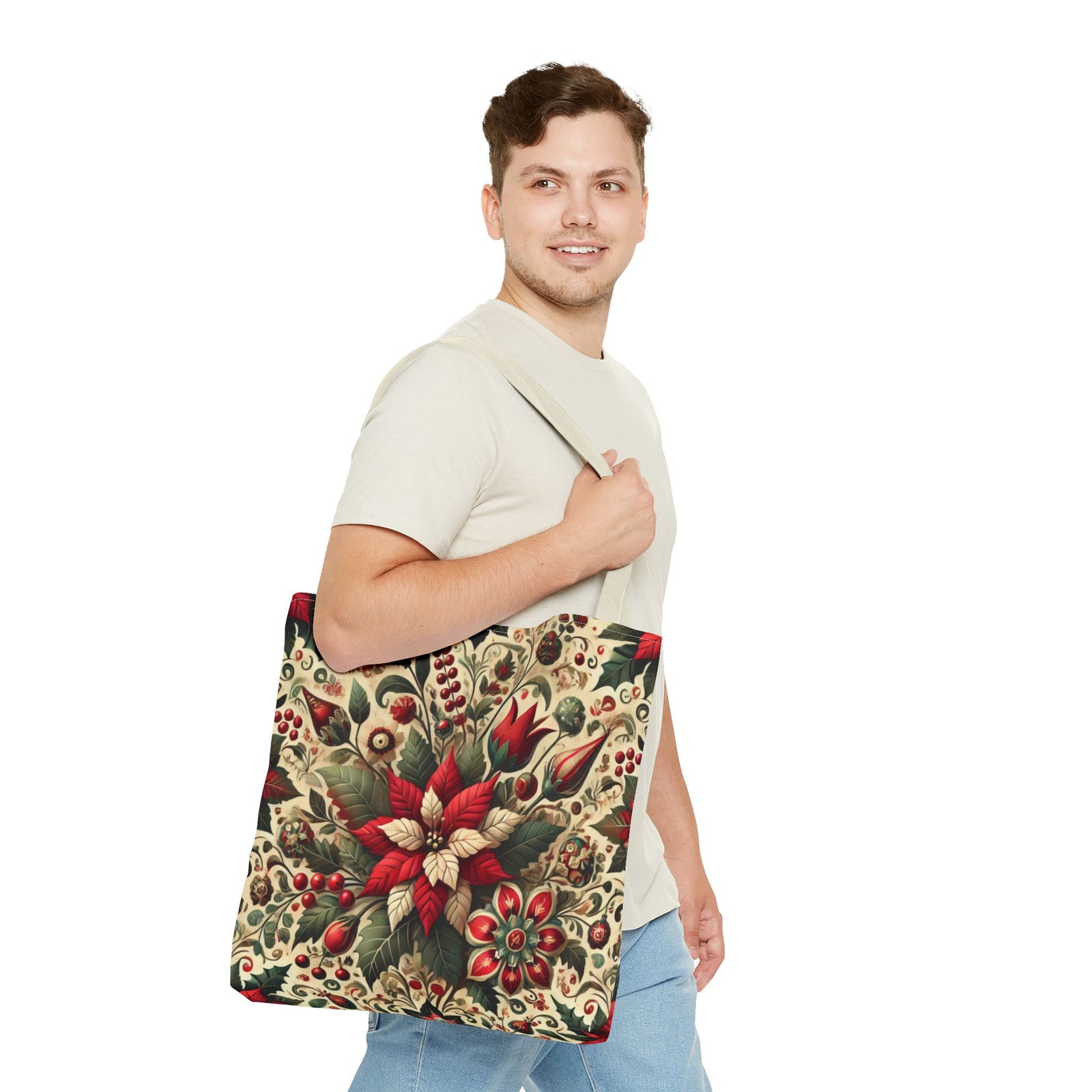 Christmas Poinsettia Floral Art Holiday Tote Bag
