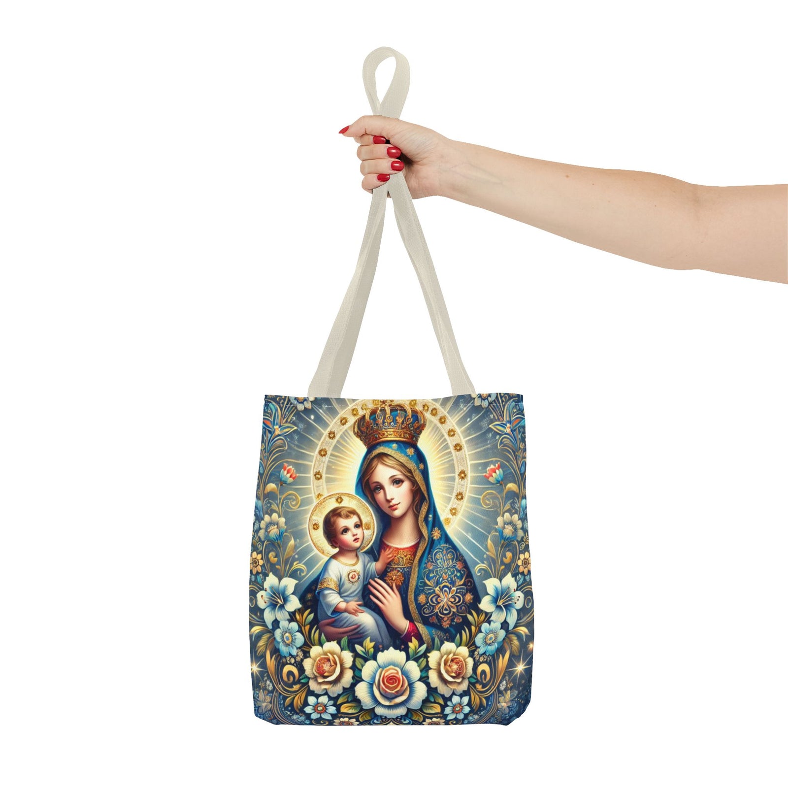 Virgin Mary Baby Jesus Floral Folk Art Tote Bag