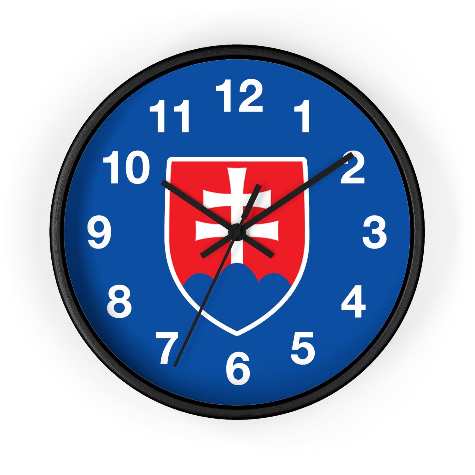 The Slovak Heritage Wall Clock features a black base and the Slovakian coat of arms, making it an ideal choice for adding unique style to your home decor. The time shown is 1:33:35.