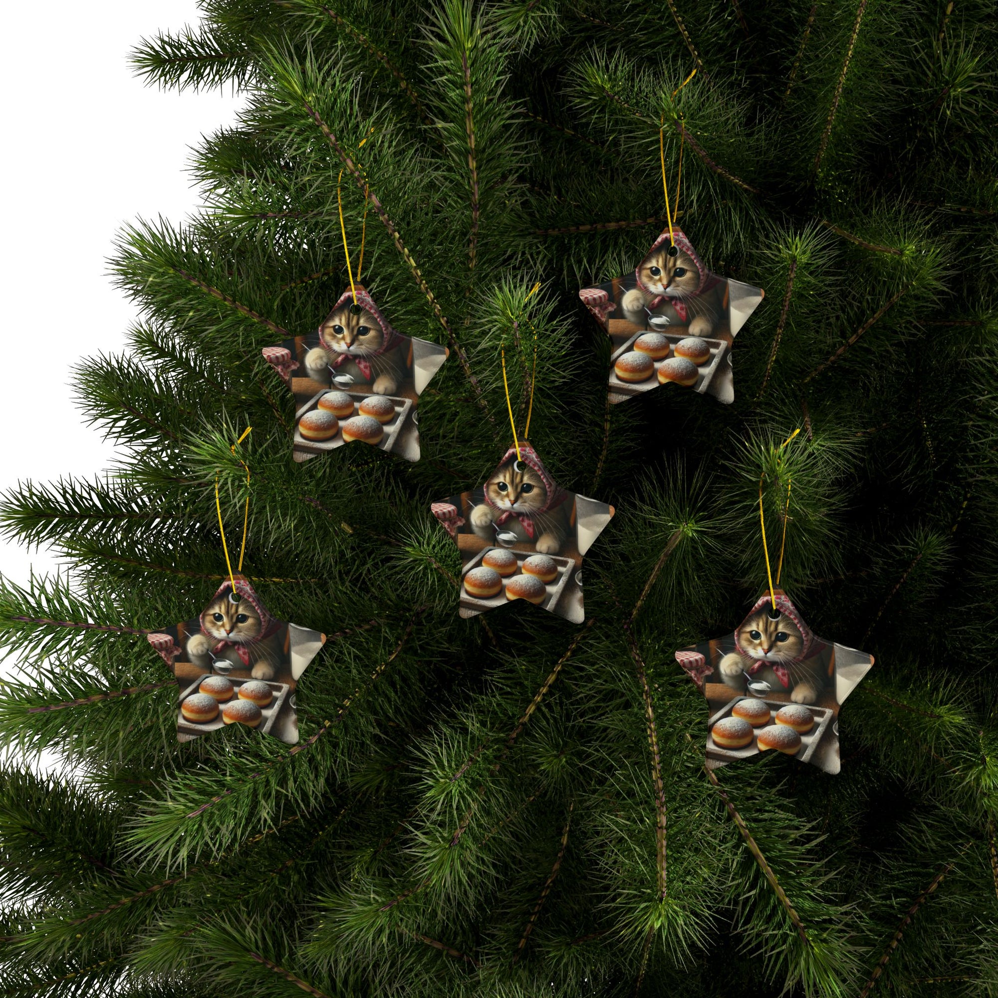 Babushka Cat Making Paczki Ceramic Ornaments