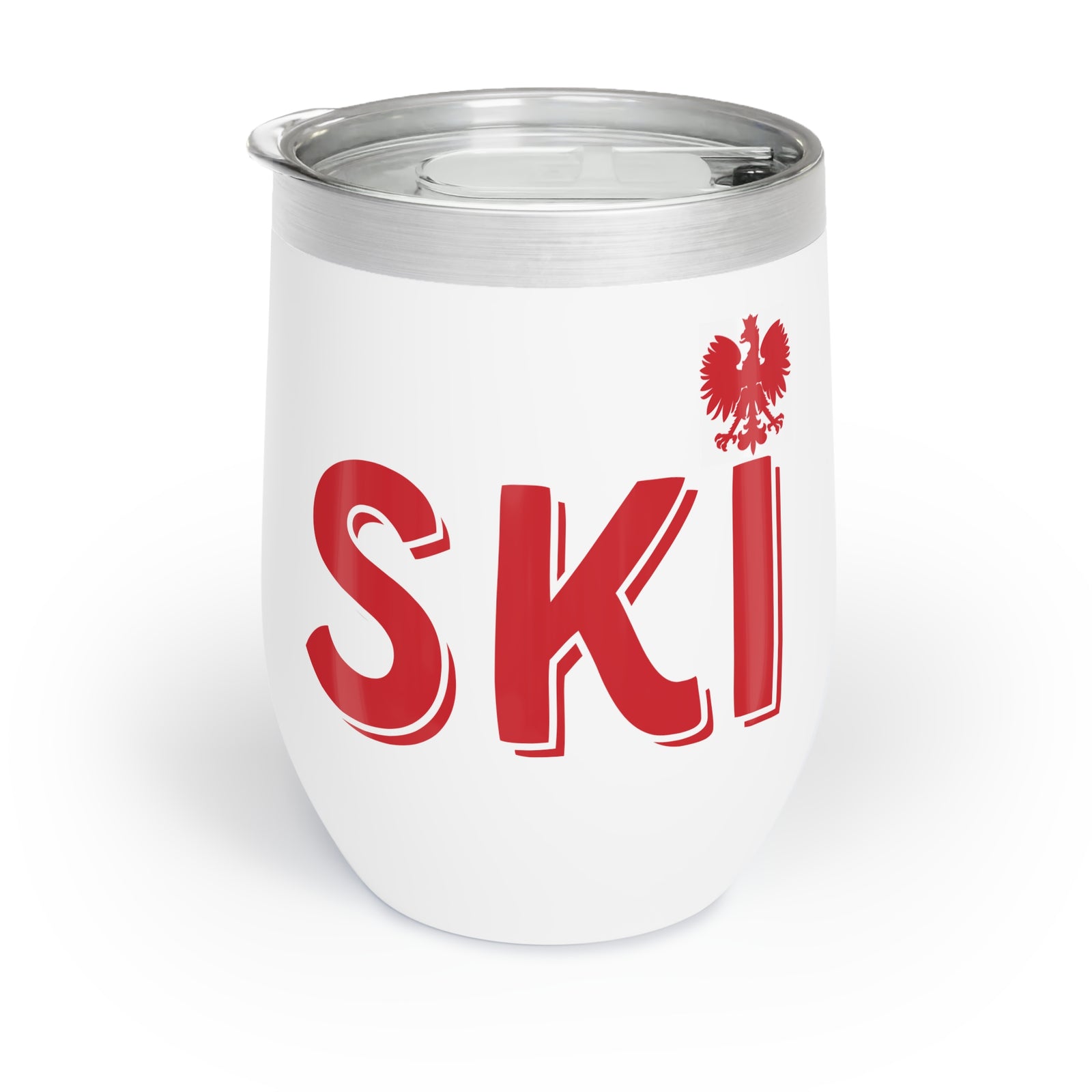 The Polish Surname Ski Wine Tumbler is a white stainless steel tumbler with a clear lid, featuring "SKI" in bold red letters and a red eagle above the "I." Its vacuum insulation keeps drinks at the ideal temperature.