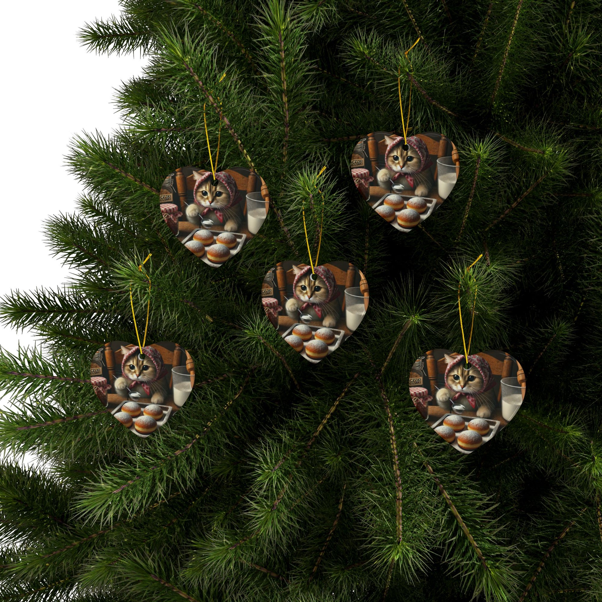 Babushka Cat Making Paczki Ceramic Ornaments