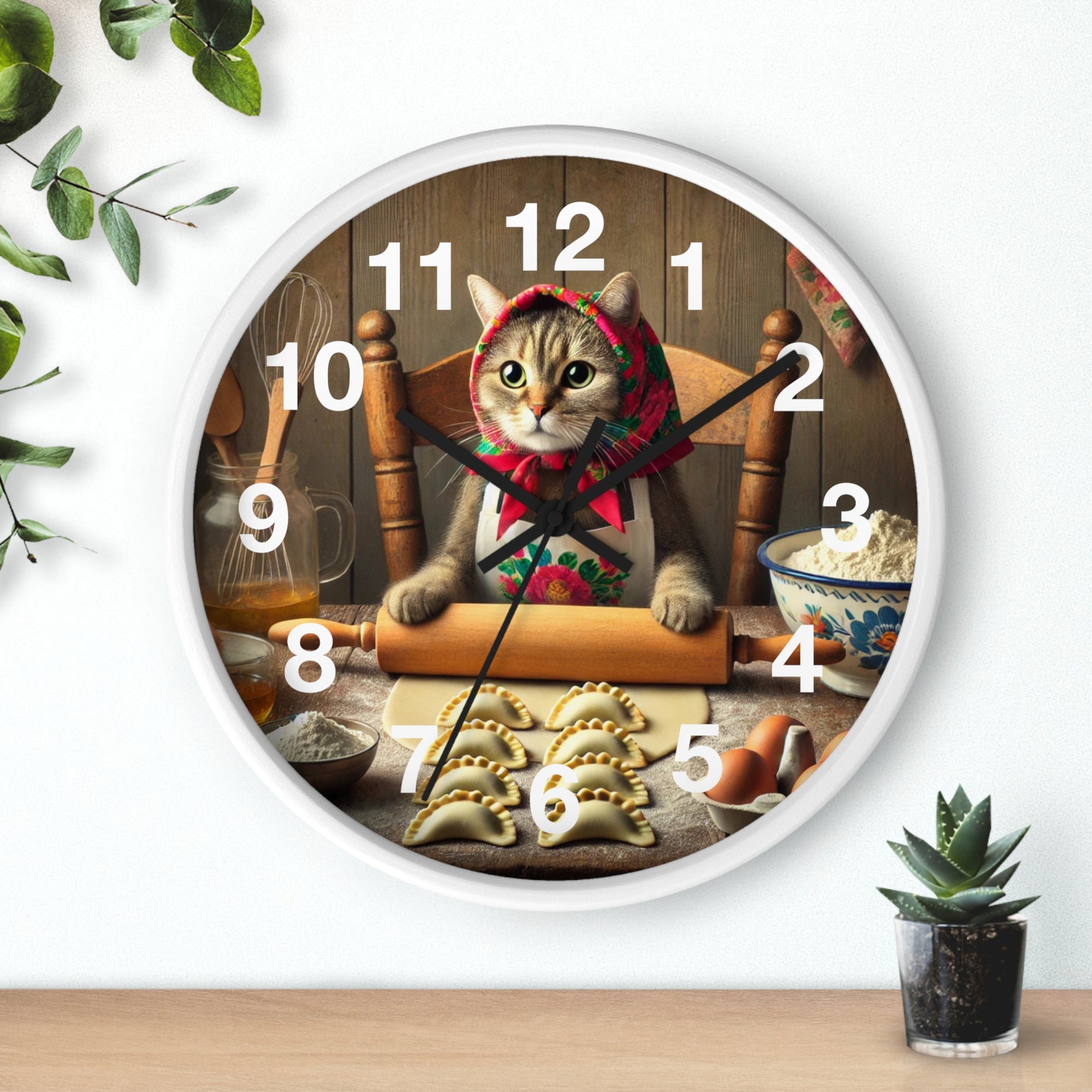 Babushka Cat Making Pierogi Wall Clock