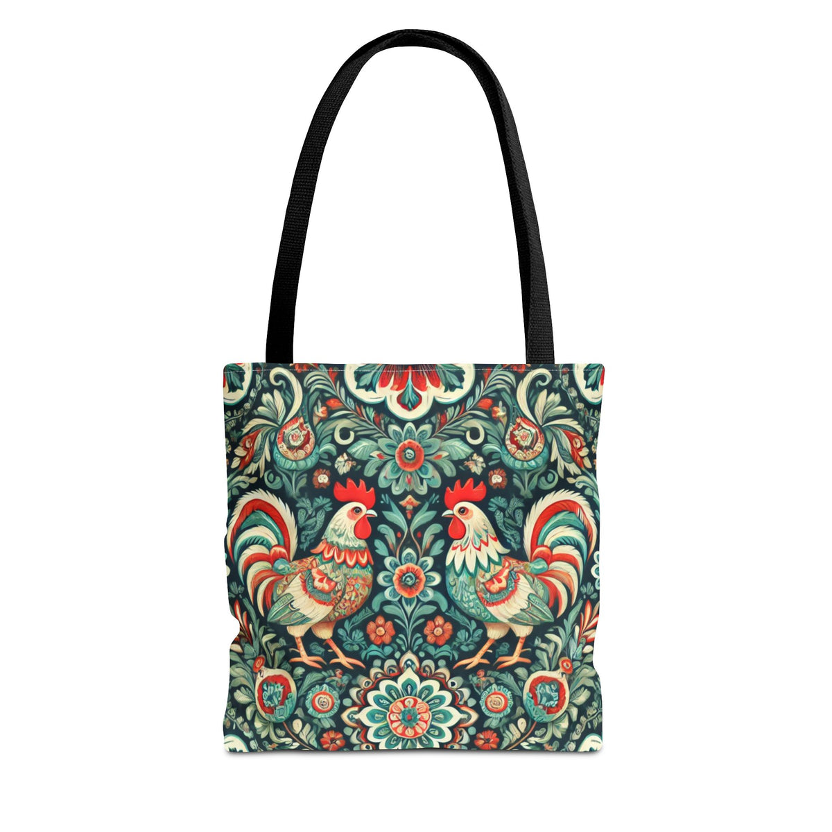 The Polish Wycinanki Chickens Floral Design Tote Bag features black handles and a lively folk-art pattern with roosters amid red, teal, and cream flowers—a stylish choice for those wanting a unique custom-printed tote.