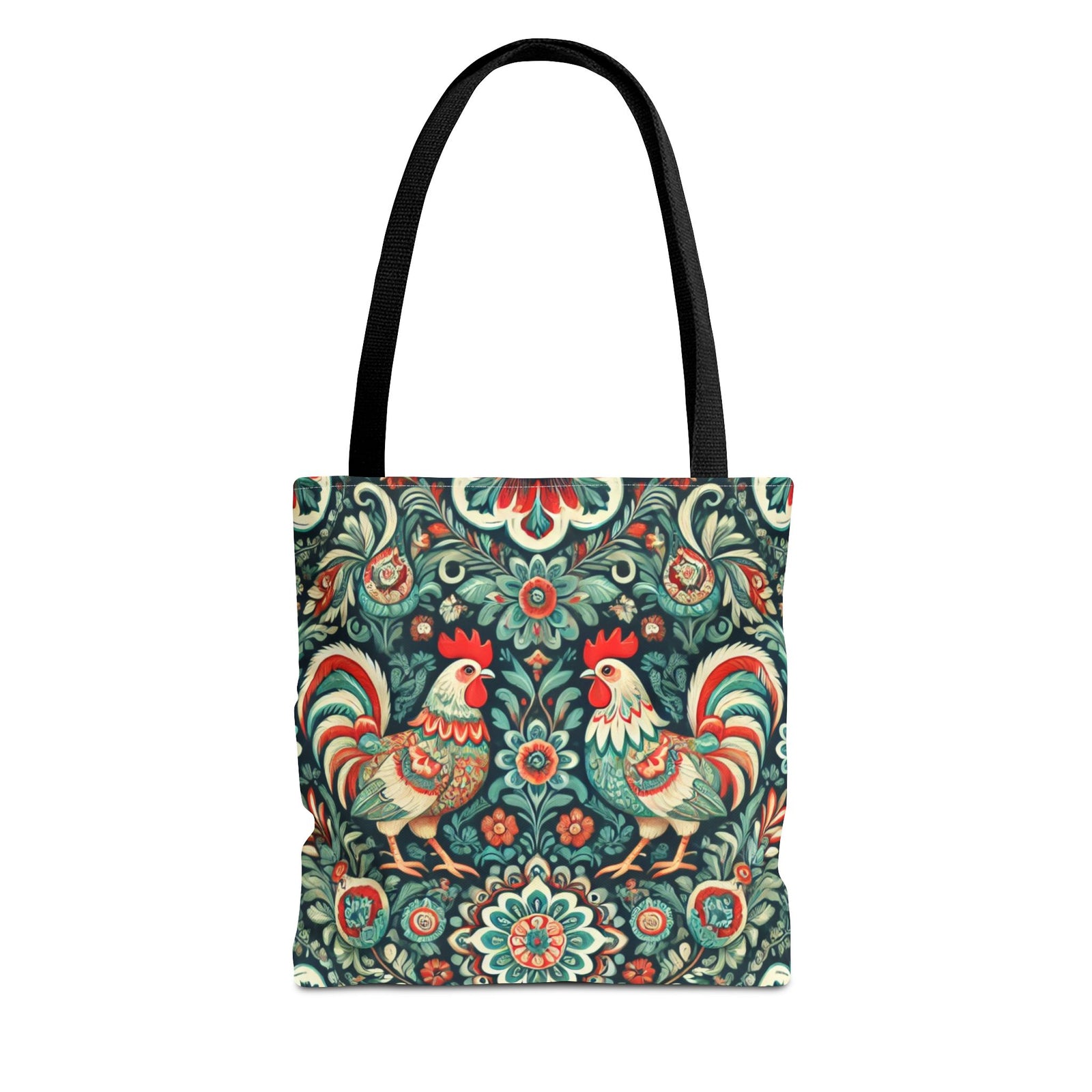 The Polish Wycinanki Chickens Floral Design Tote Bag features black handles and a lively folk-art pattern with roosters amid red, teal, and cream flowers—a stylish choice for those wanting a unique custom-printed tote.
