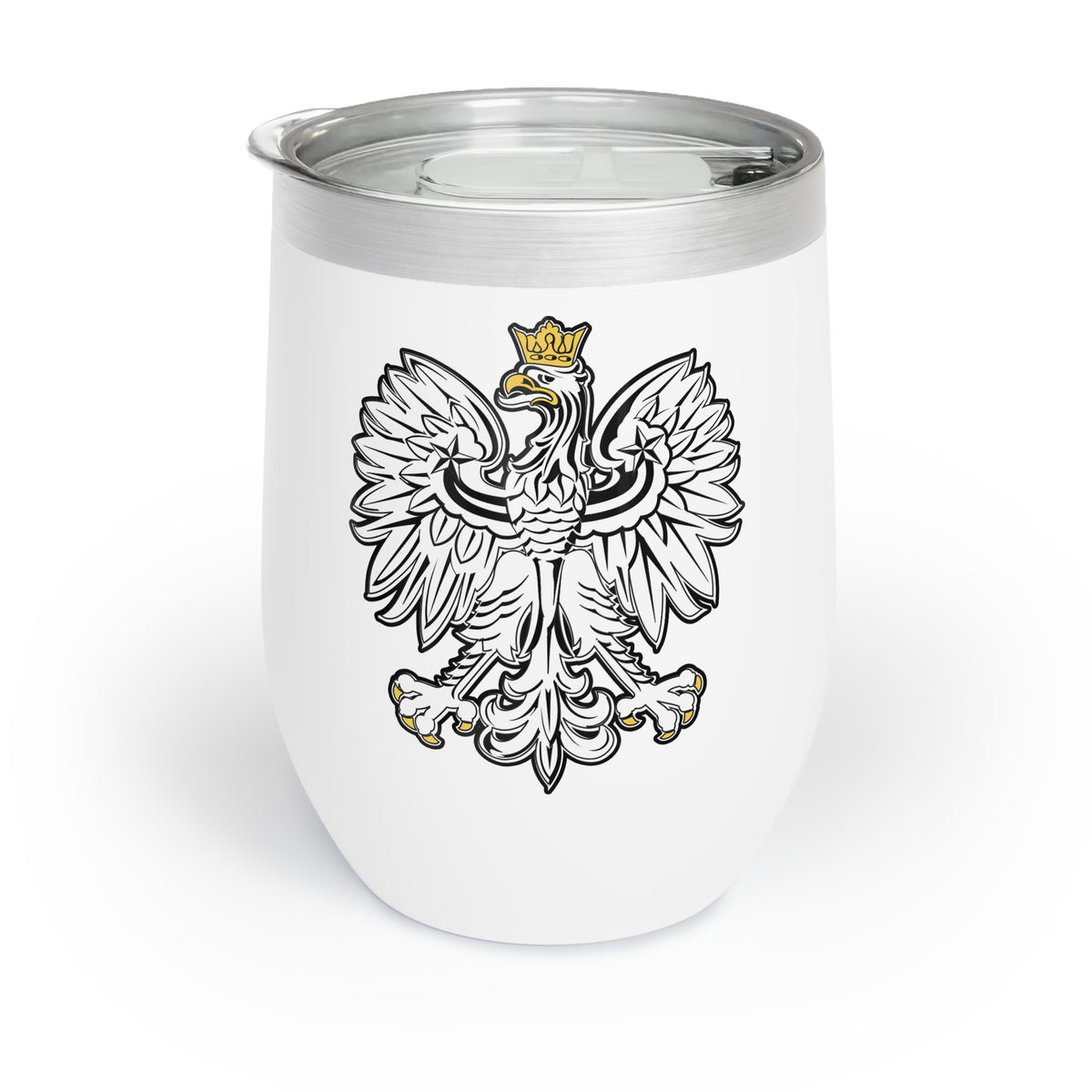 The Polish Eagle Wine Tumbler is a white insulated tumbler with a black and white eagle design, highlighted by gold crown, beak, and talons. It features a silver rim, clear lid, and is perfect for stylish wine enjoyment.