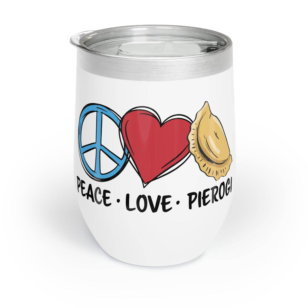 The Peace Love Pierogi Wine Tumbler in white features a metal rim, lid, and illustrations of a blue peace sign, red heart, and pierogi with &quot;Peace • Love • Pierogi&quot;—a fun insulated pick for wine lovers or as a unique gift.