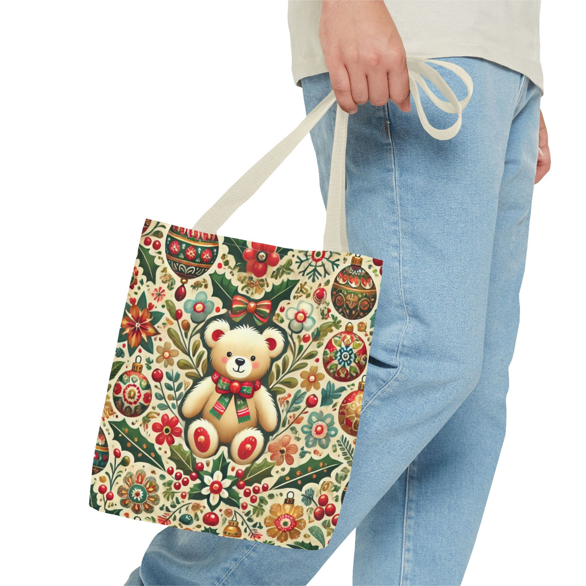 Festive Teddy Bear Folk Art Christmas Holiday Tote Bag
