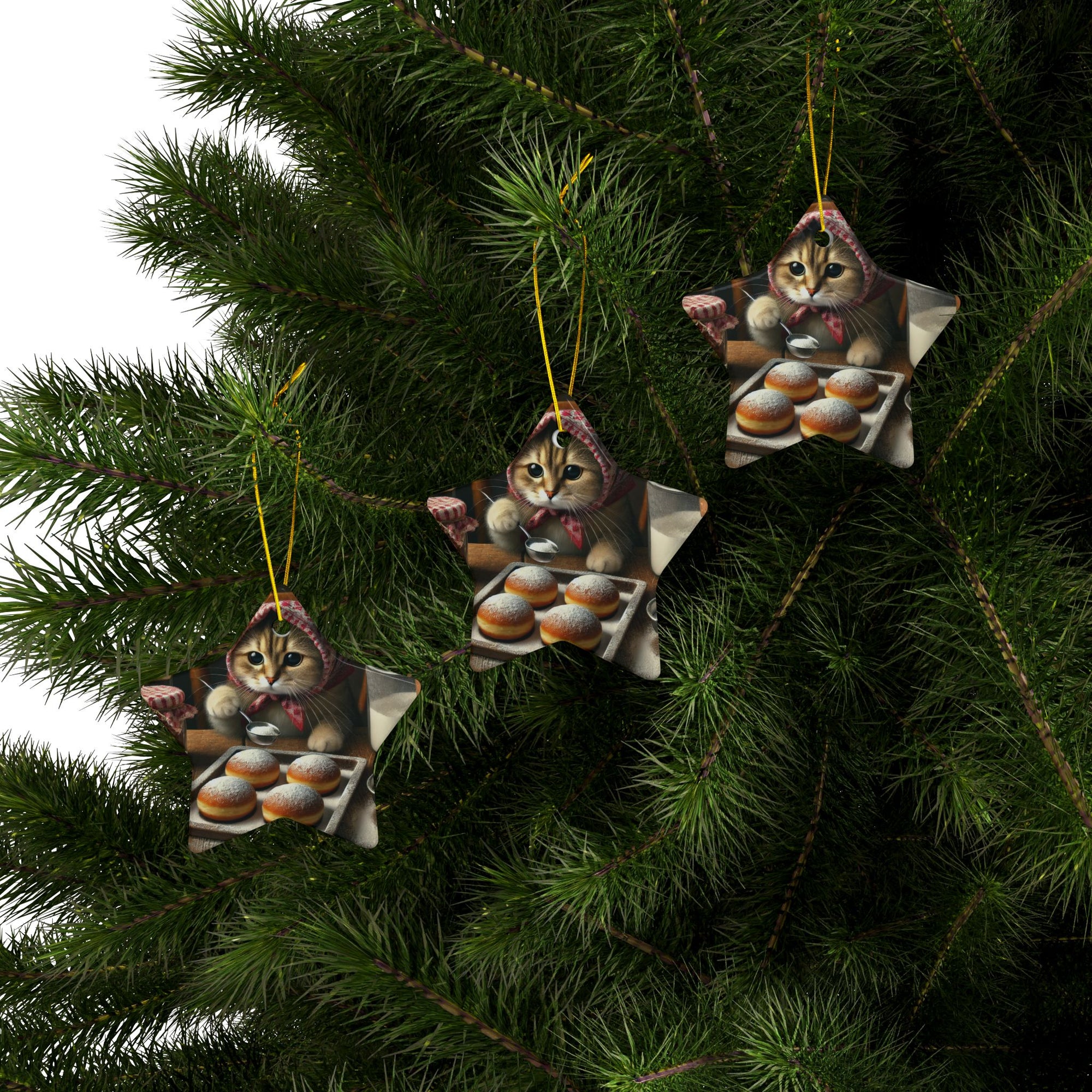 Babushka Cat Making Paczki Ceramic Ornaments