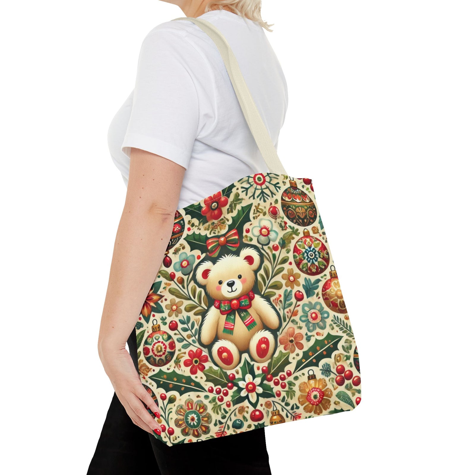 Festive Teddy Bear Folk Art Christmas Holiday Tote Bag