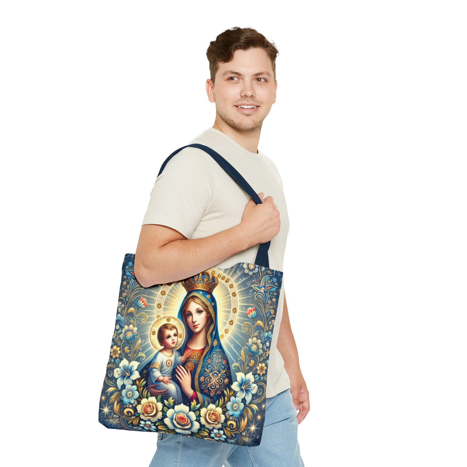 Virgin Mary Baby Jesus Floral Folk Art Tote Bag