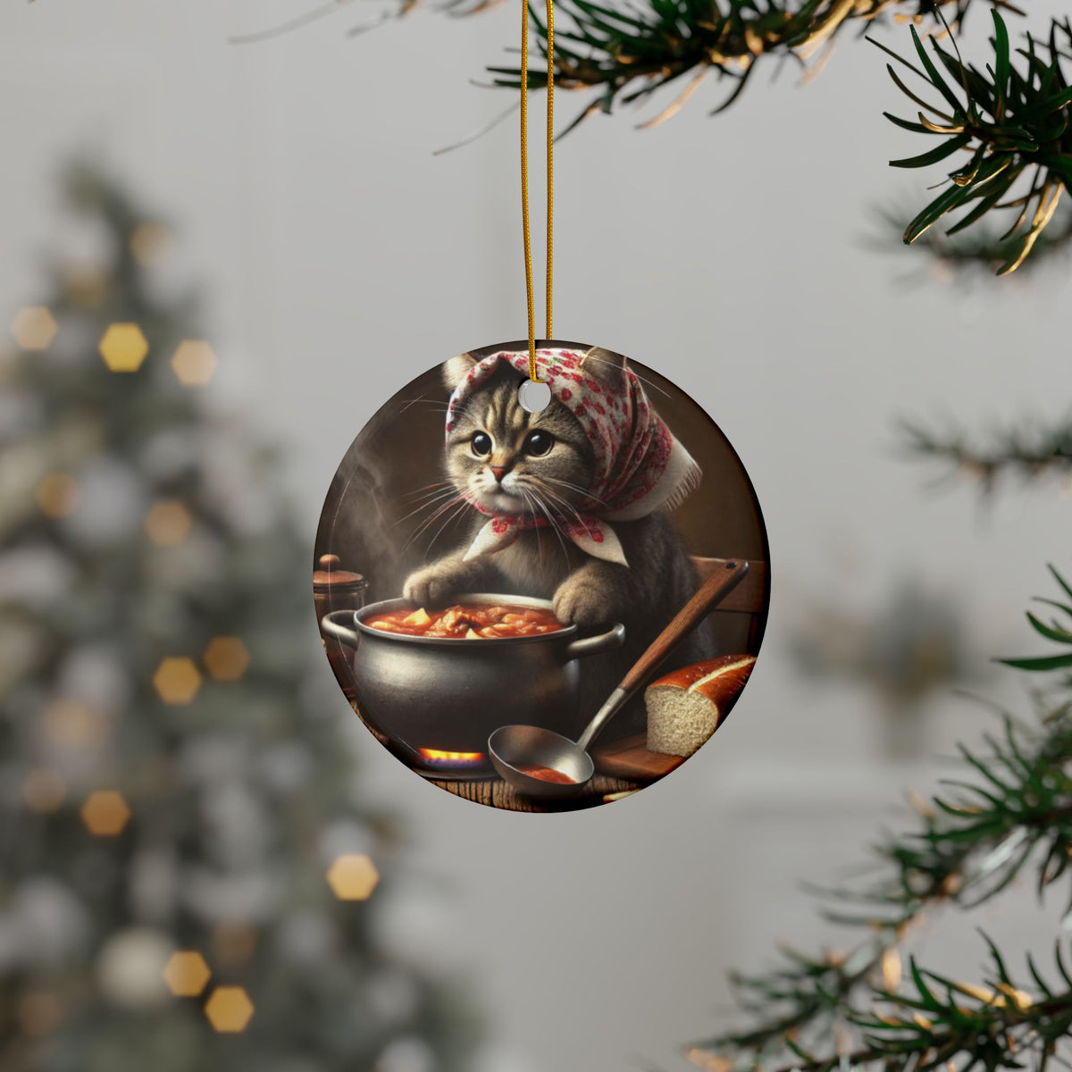 The Polish Cat Making Bigos Ornament is a charming ceramic Christmas decoration for cat lovers, featuring a cat in a headscarf stirring soup, with a blurred, decorated tree in the background.