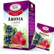 A box and sachet of MALWA Herbal Chokeberry Fruit Tea (20 tea bags), naturally caffeine free. The purple packaging shows aronia berries and raspberries, labeled &quot;Aronia z maliną&quot; and &quot;Sunny Garden.