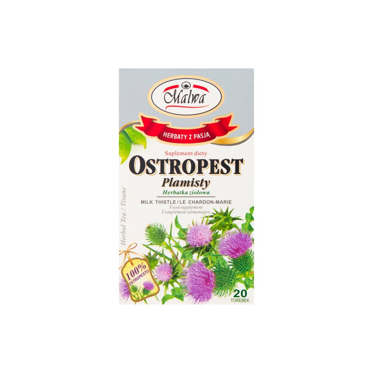MALWA Herbal Milk Thistle Tea, box of 20 bags, features images of Milk Thistle flowers and is known for its liver support and antioxidant properties.