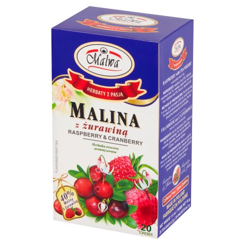 A box of MALWA Herbal Raspberry &amp; Cranberry Fruit Tea (20 bags) featuring raspberries, cranberries, and green leaves on a red, blue, and yellow box with Polish and English text.