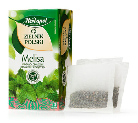 Herbapol Polish Herbarium Lemon Balm Herbal Tea (20 bags) box with two bags in front, featuring calming lemon balm for restful sleep.