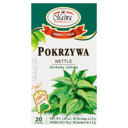 MALWA Herbal Nettle/Ortie Tea comes with 20 tea bags (1.5g each) and features nettle leaves on the box—an ideal detox tea and a great choice for supporting a diabetic diet.
