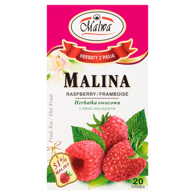 A box of MALWA Herbal Raspberry Fruit Tea, caffeine-free, with images of fresh raspberries on mainly pink and white packaging. Text is in Polish and English, and the box contains 20 tea bags with 51% raspberry content.