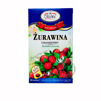A box of MALWA Herbal Cranberry Fruit Tea 20 bags, with cranberry and green leaf images, labeled &quot;Żurawina&quot; and &quot;Cranberry.&quot; This naturally caffeine-free fruit tea comes in a blue and white design.