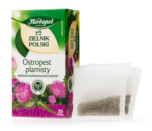 Herbapol Polish Herbarium Milk Thistle Herbal Tea (20 bags), shown with two filled tea bags—ideal for supporting liver health.