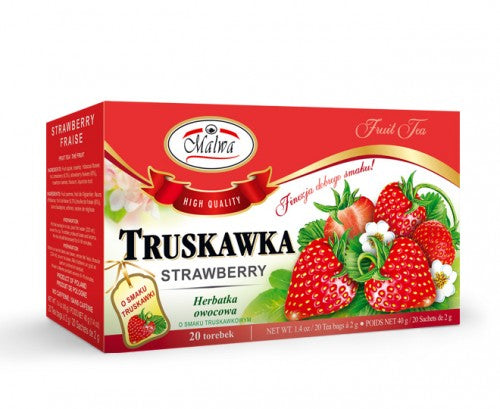 MALWA Herbal Strawberry Fruit Tea comes in a red and white box with Polish and English text, featuring images of strawberries, rose fruit, and hibiscus. Each box contains 20 tea bags.