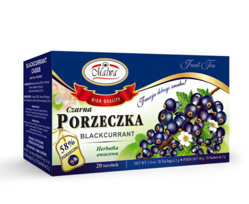 A box of MALWA Herbal Blackcurrant Fruit Tea contains 20 caffeine-free tea bags, labeled &quot;Czarna Porzeczka&quot; with blackcurrant images, and highlights 58% blackcurrant content.