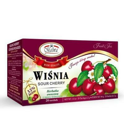 MALWA Herbal Sour Cherry Tea 20 bags features cherry and blossom illustrations on a red and white, caffeine-free box with Polish and English text. Contains 20 tea bags.