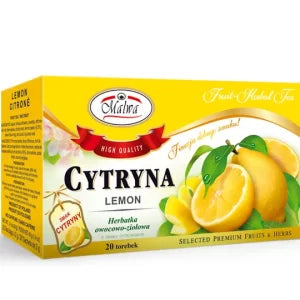 A box of MALWA Herbal Lemon Fruit Tea featuring images of whole and sliced lemons on a yellow and white background. The box contains 20 tea bags and displays both Polish and English text.