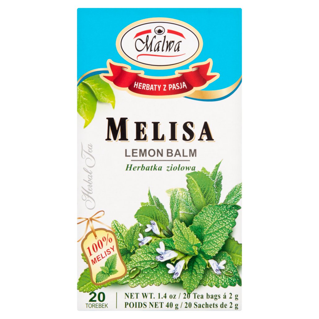 MALWA Herbal Lemon Balm Tea 20 bags: a soothing, caffeine-free tea with green lemon balm leaves and white flowers pictured on the box. The package reads “100% MELISY” and features both Polish and English text.