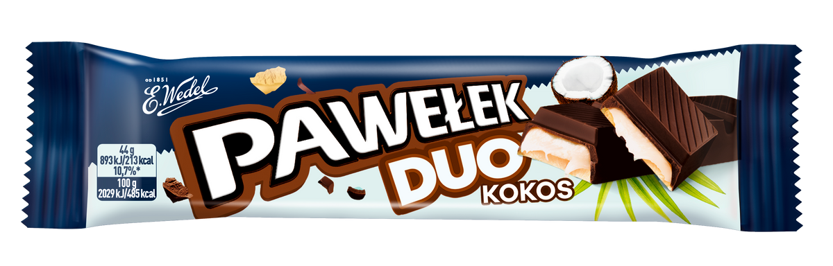 The Wedel Pawelek Duo - Kokos 44g chocolate bar comes in a blue and white wrapper with images of chocolate squares, creamy coconut filling, and a halved coconut. The brand name and product details are clearly shown on the packaging.