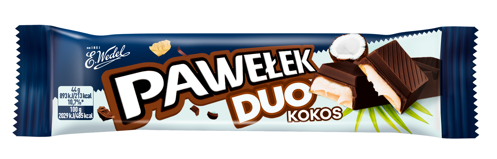 The Wedel Pawelek Duo - Kokos 44g chocolate bar comes in a blue and white wrapper with images of chocolate squares, creamy coconut filling, and a halved coconut. The brand name and product details are clearly shown on the packaging.