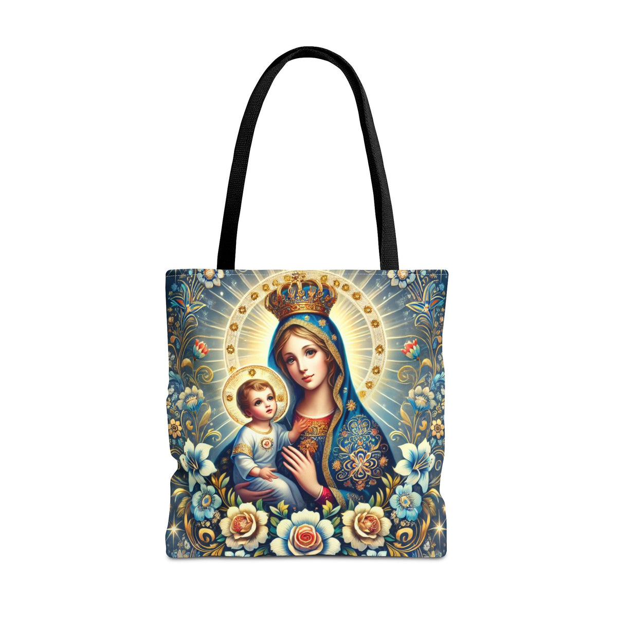 Virgin Mary Baby Jesus Floral Folk Art Tote Bag