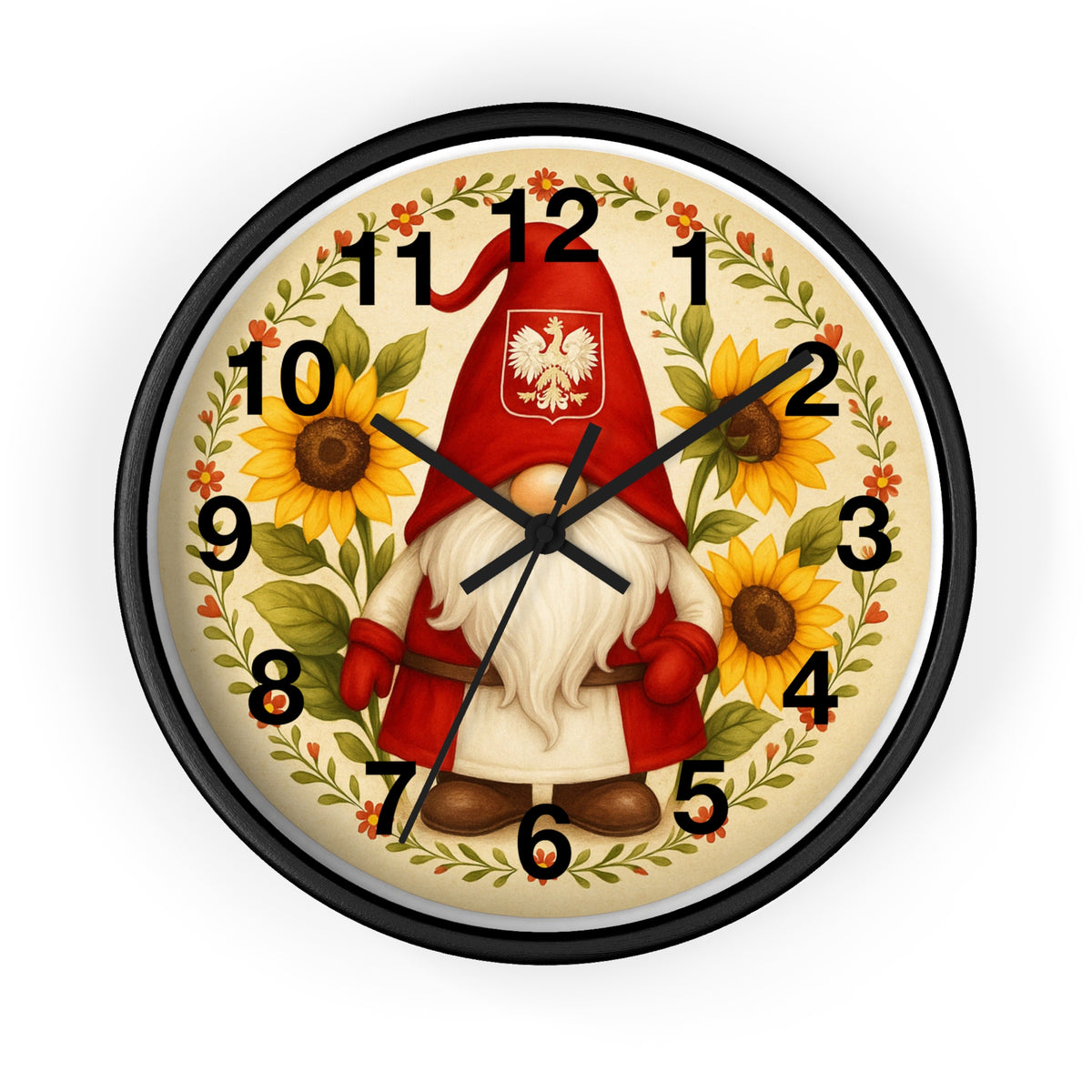 Add charm to any room with the Polish Gnome With Sunflowers Wall Clock. Featuring a gnome in red amid sunflowers and leaves on a black base, its bold black numbers and hands offer easy reading while bringing whimsical Polish flair to your decor.