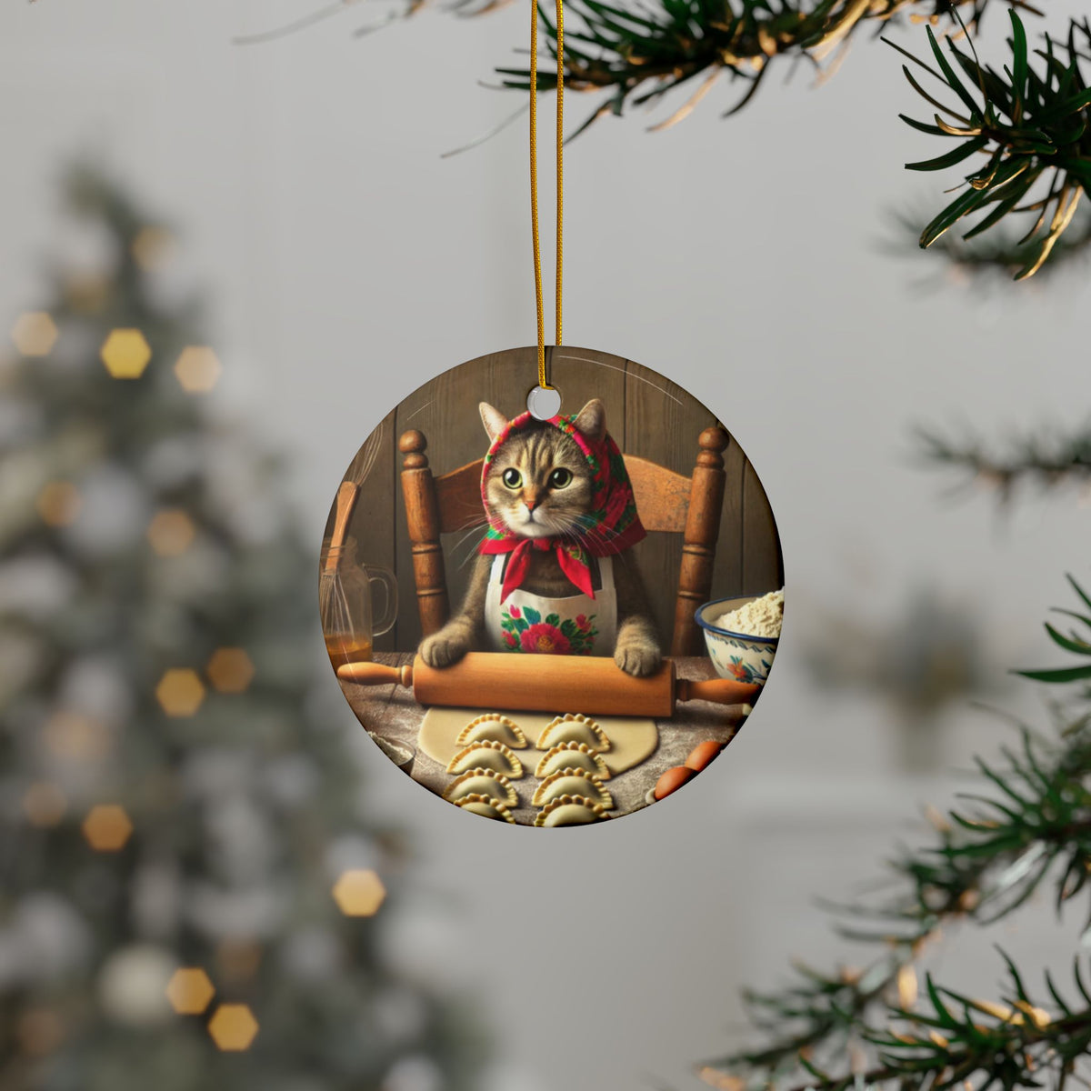 The Babsuhka Cat Making Pierogi Ornament showcases a cat in a headscarf and apron rolling dough at a table. This charming ceramic accent hangs on your Christmas tree, perfect for festive décor or as a unique holiday gift.