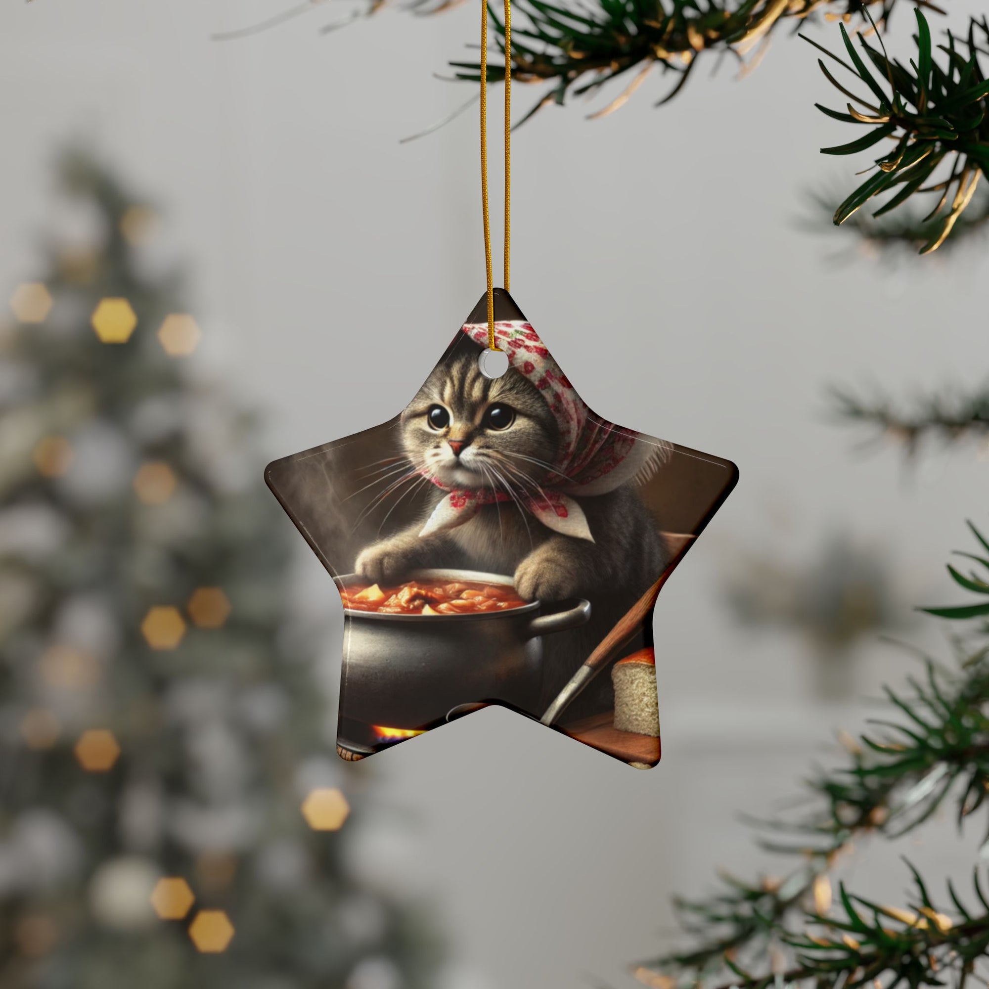 Polish Cat Making Bigos Ceramic Ornaments