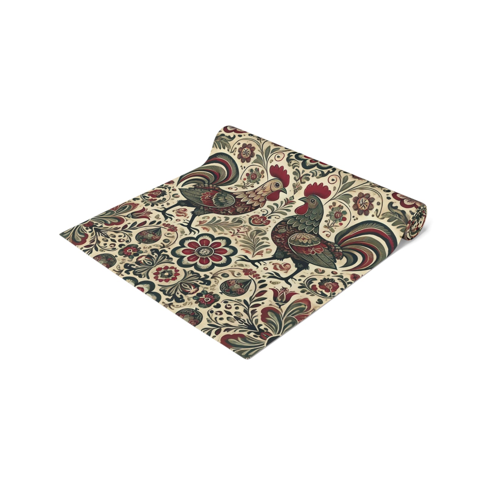 Retro Themed Polish Wycinanki Rooster Floral Table Runner