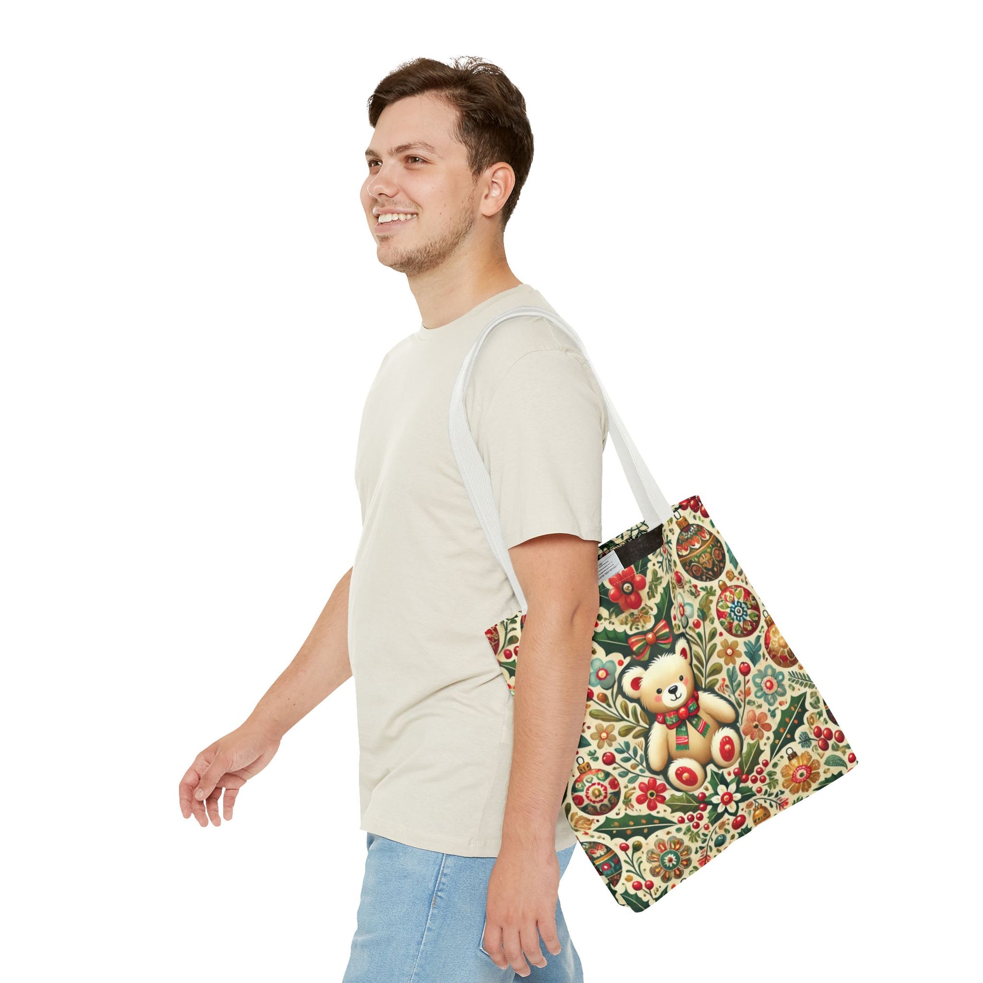 Festive Teddy Bear Folk Art Christmas Holiday Tote Bag