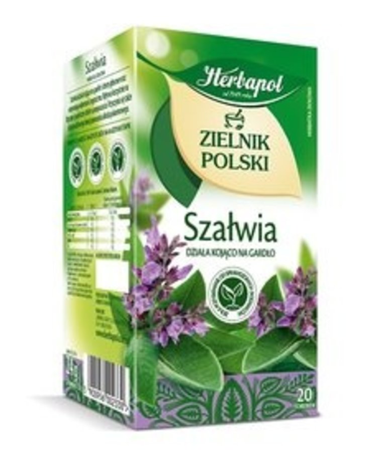 Herbapol Sage Herbal Tea (20 bags) comes in a green and white box with purple sage flowers, green leaves, and Polish text. This herbal infusion is valued for throat-soothing and digestion support.