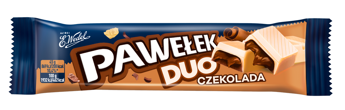 A 45g Wedel Pawelek Chocolate bar in a brown and beige wrapper displays the Polish brand logo, Polish text, and images of the chocolate pieces.