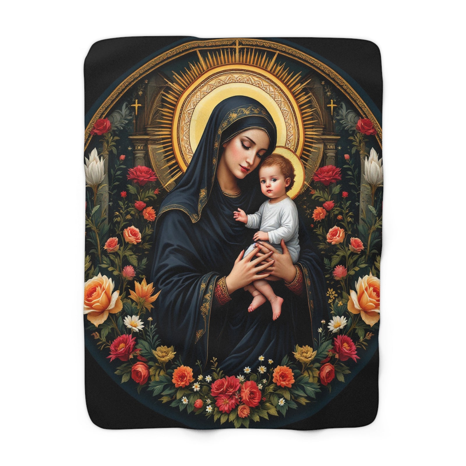The Religious Sherpa Fleece Blanket features the Virgin Mary and Child design, with golden halos and colorful flowers on a glowing background—perfect for comfort, peace, and luxury home décor.