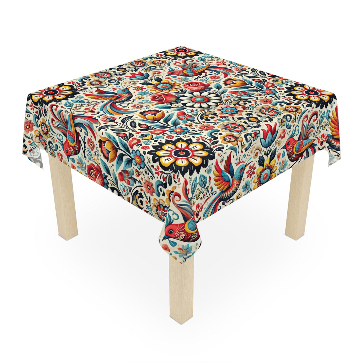 The Birds and Flowers Floral Tablecloth in white features vibrant, intricate floral and bird designs, making it a perfect dining table decor or holiday cover that elegantly drapes over your square wooden table.