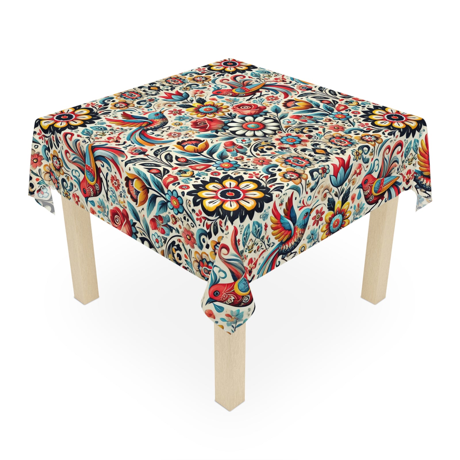The Birds and Flowers Floral Tablecloth in white features vibrant, intricate floral and bird designs, making it a perfect dining table decor or holiday cover that elegantly drapes over your square wooden table.