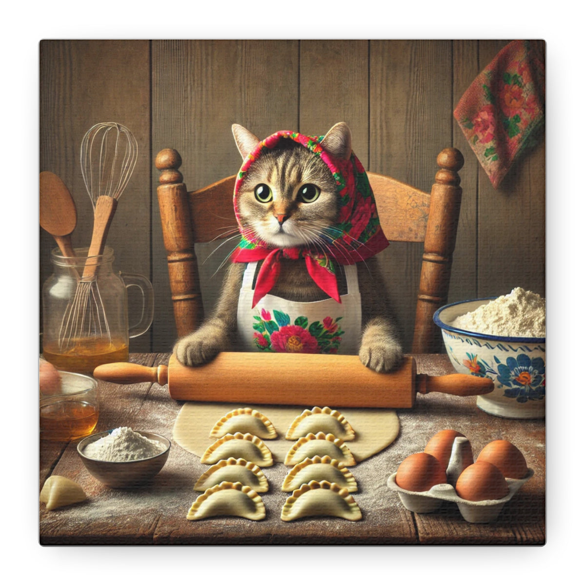 Babushka Cat Making Pierogi Matte Canvas, Stretched, 1.25&quot;