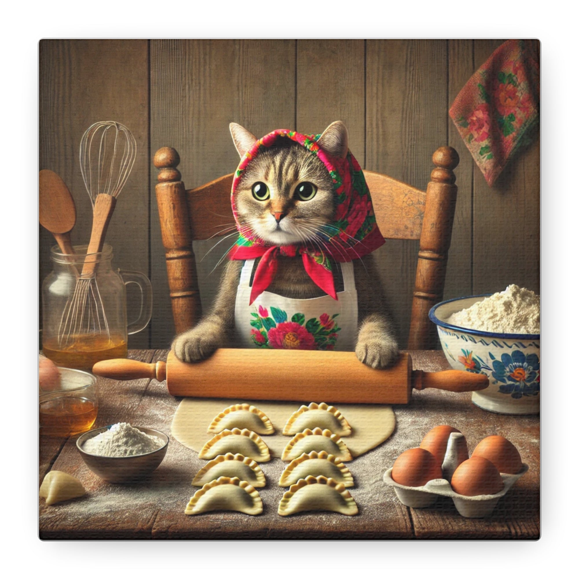 Babushka Cat Making Pierogi Matte Canvas, Stretched, 1.25"