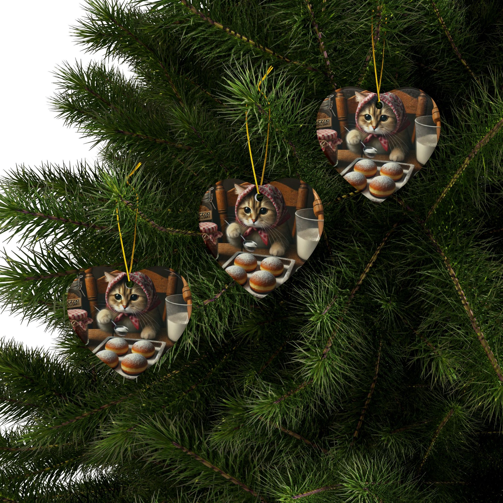 Babushka Cat Making Paczki Ceramic Ornaments