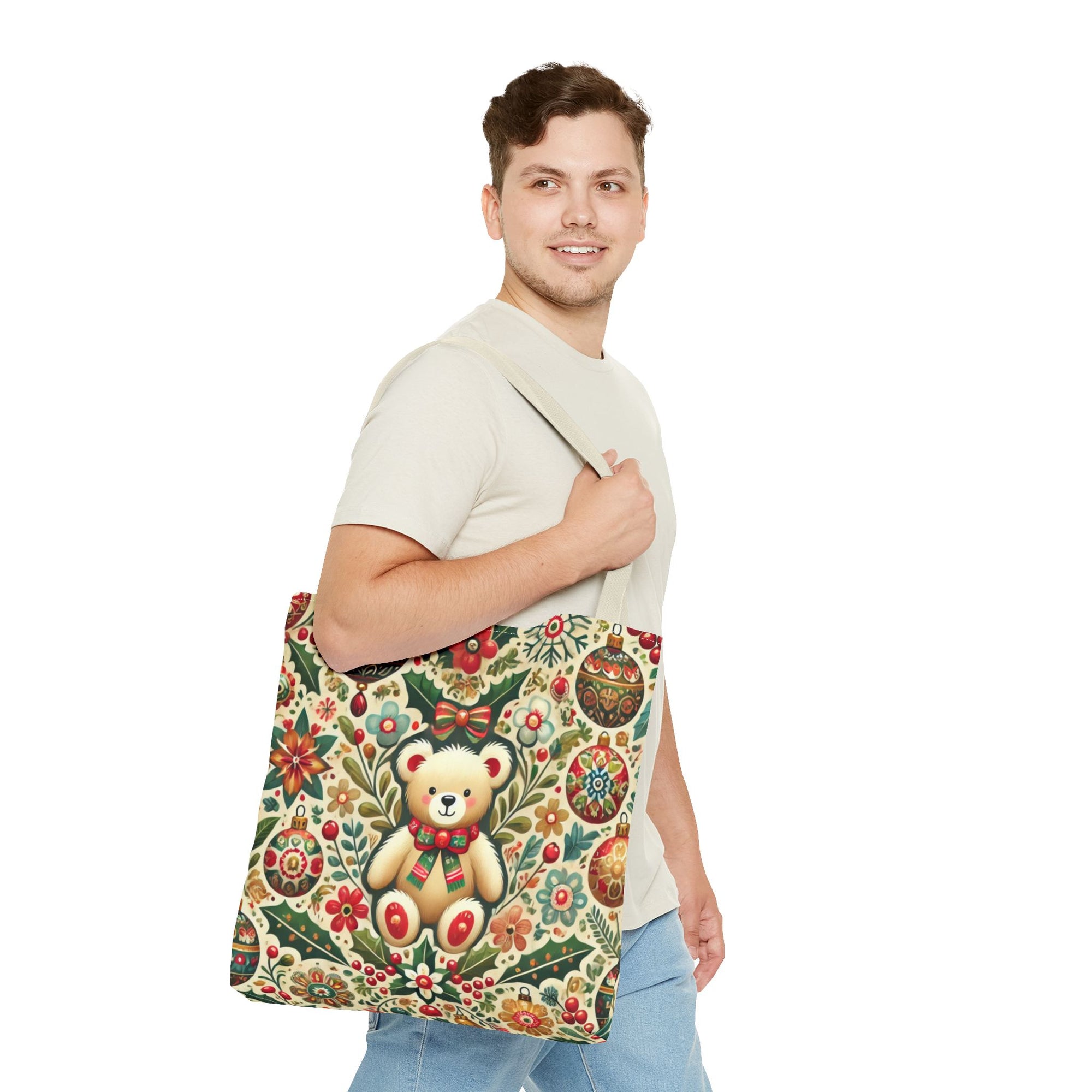Festive Teddy Bear Folk Art Christmas Holiday Tote Bag