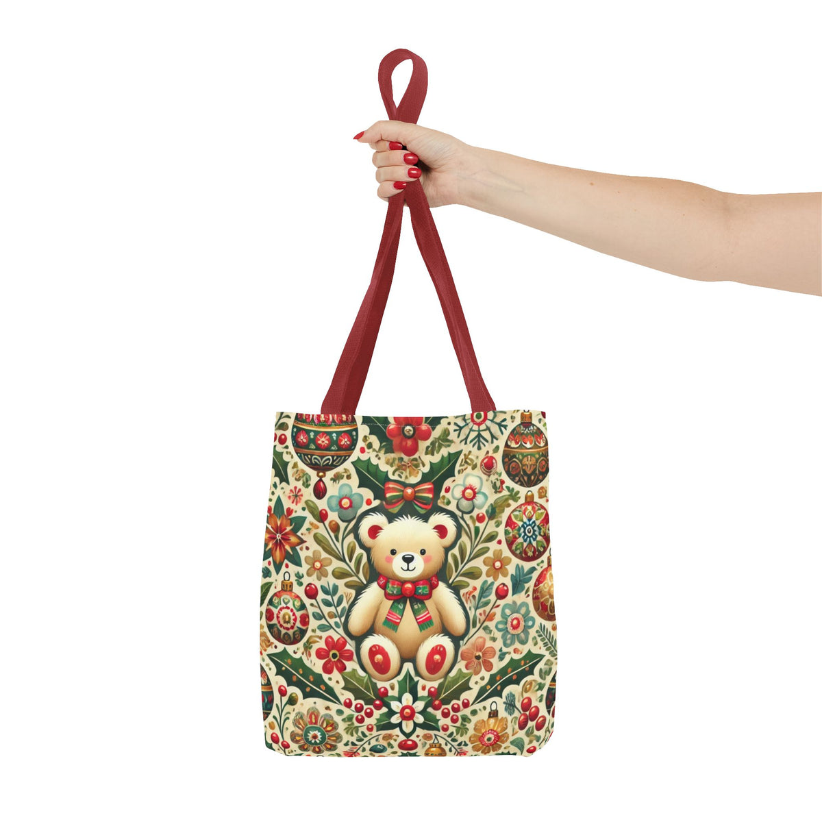 Festive Teddy Bear Folk Art Christmas Holiday Tote Bag
