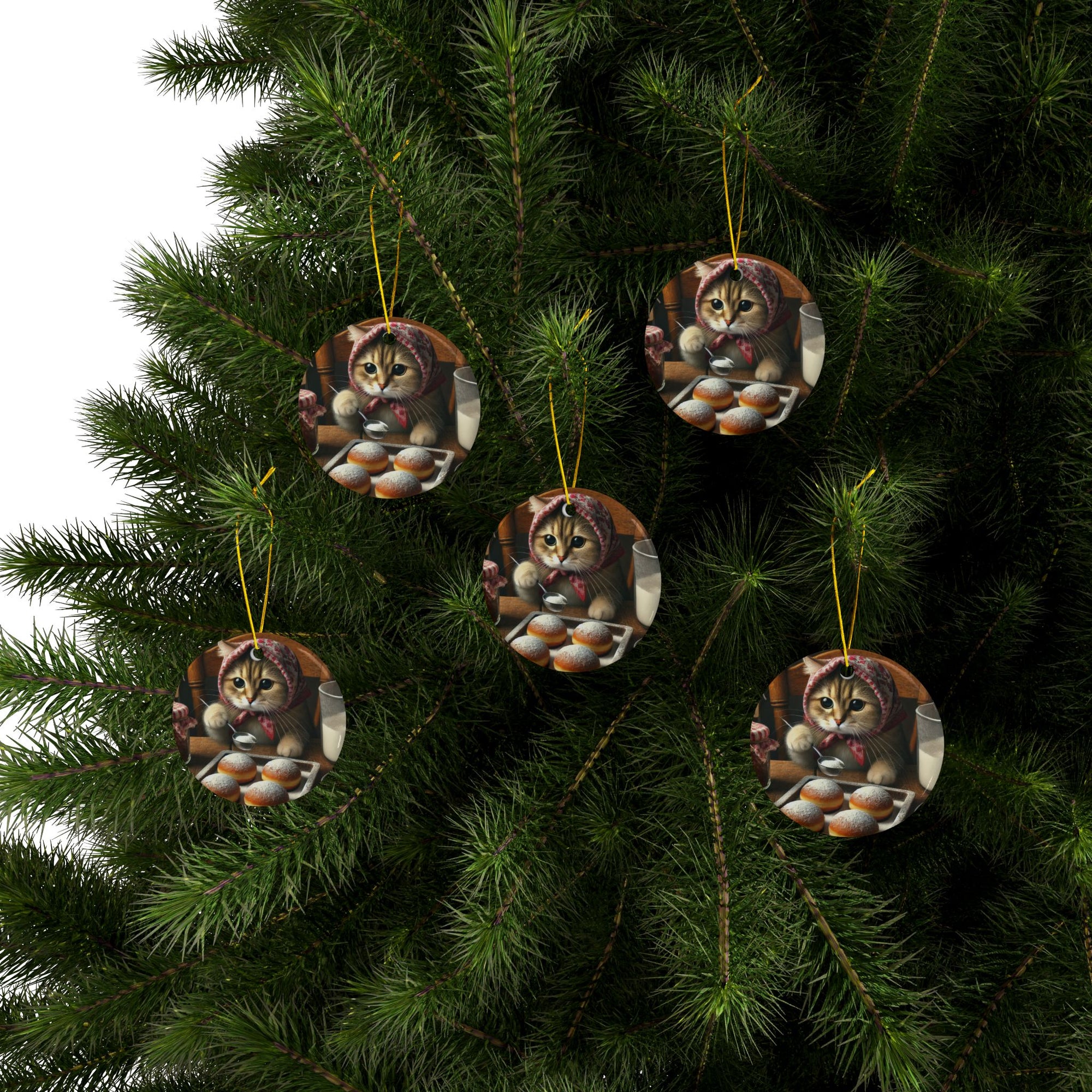 Babushka Cat Making Paczki Ceramic Ornaments