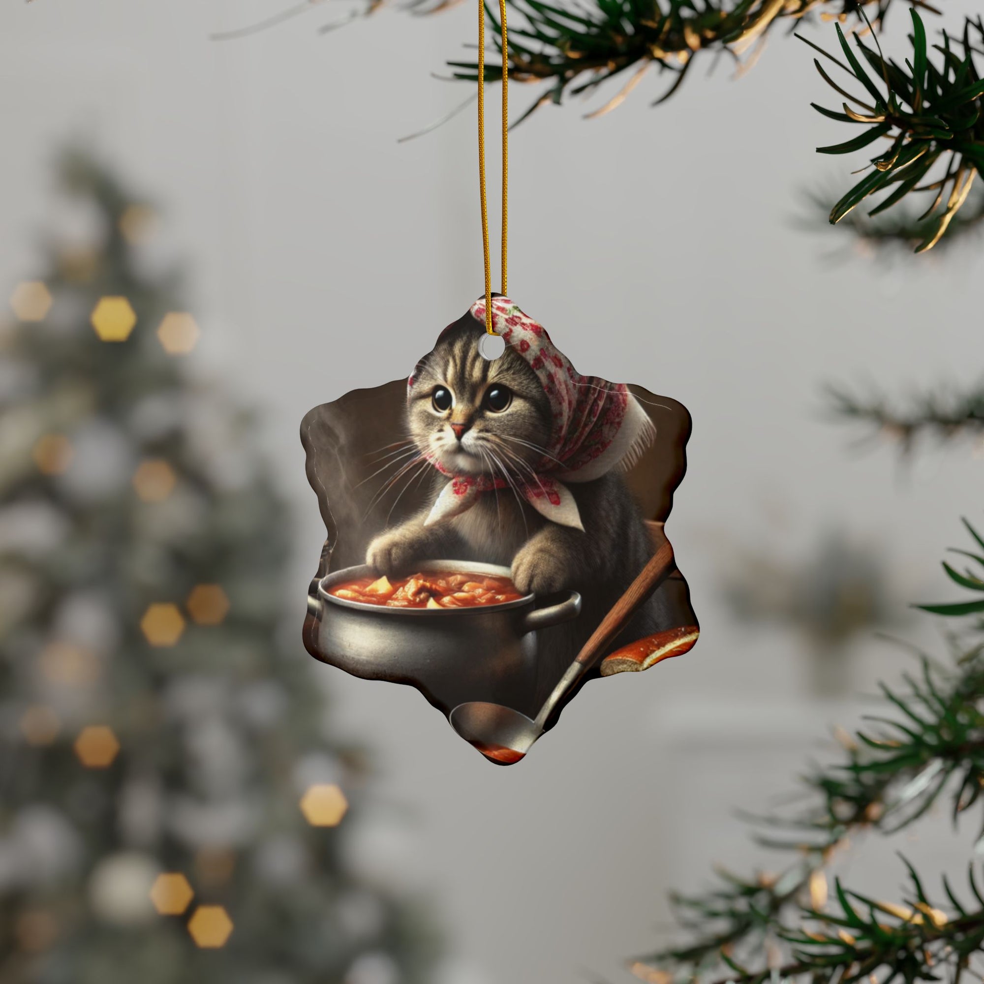 Polish Cat Making Bigos Ceramic Ornaments